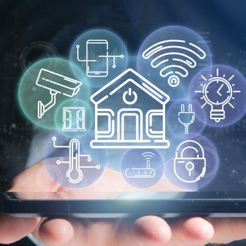 View of Businessman holding Smart home interface with icon, stats and data 3d rendering